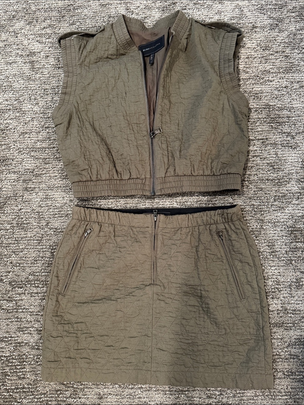Two-Piece Olive Green Textured Crop Top & Skirt Set size small.